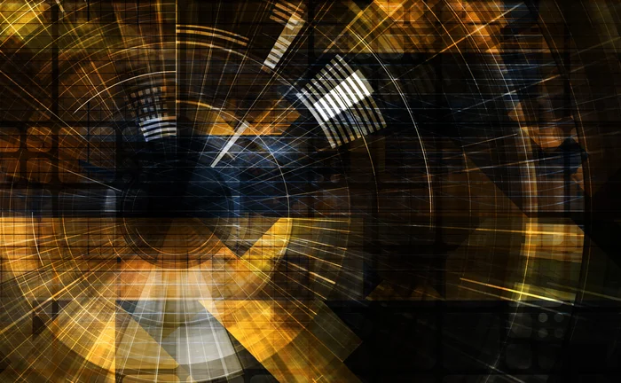 Abstract technology interface with data visualization elements, glowing gold network patterns, digital transformation and cybersecurity concept