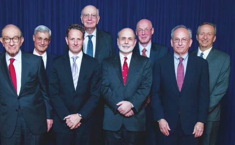 Alan Greenspan, Robert Rubin, Tim Geithner, Paul Volcker, Ben Bernanke, Hank Paulson, Donald Kohn and Larry Summers