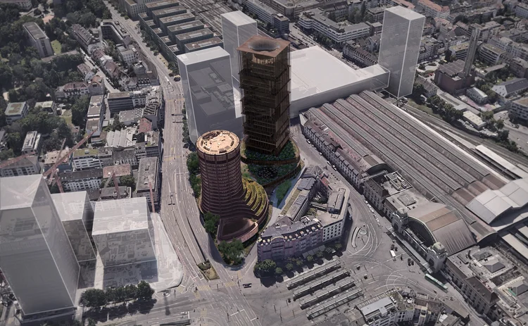 Concept design for new BIS HQ tower, showing surrounding buildings
