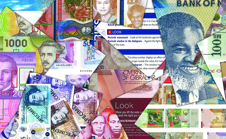 Montage showing banknotes and communication brochures