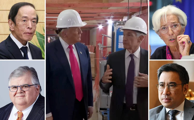 Clockwise from top left: Kazuo Ueda, Donald Trump, Jerome Powell, Christine Lagarde, Sethaput Suthiwartnarueput and Agustin Carstens