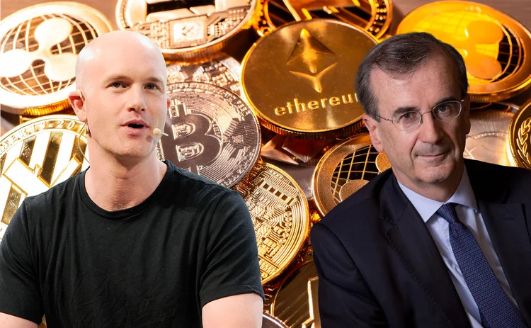 Montage of Brian Armstrong and François Villeroy de Galhau in front of cryptocurrency images