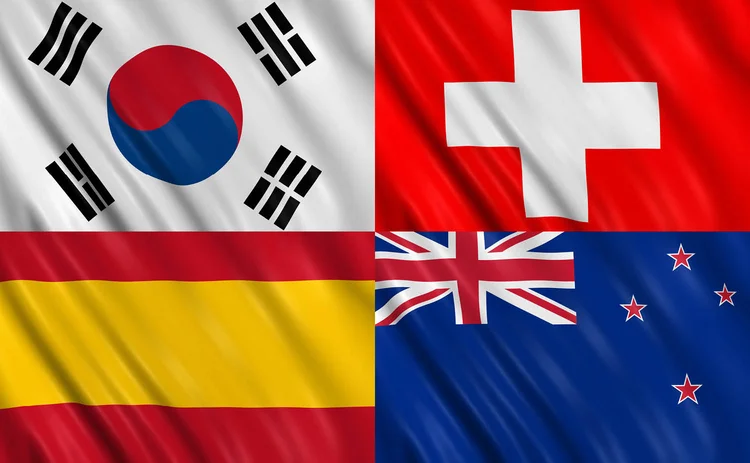 Clockwise from top left: South Korean, Swiss, New Zealand and Spanish flags