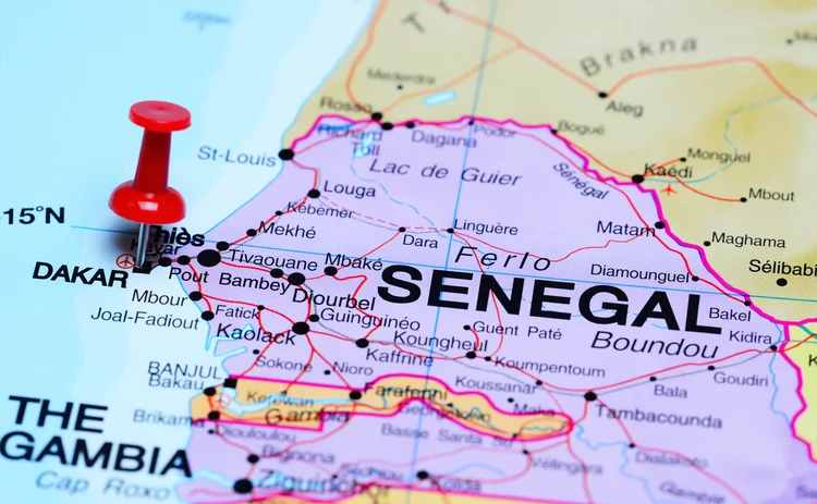 Map of Senega with a pin marking Dakar