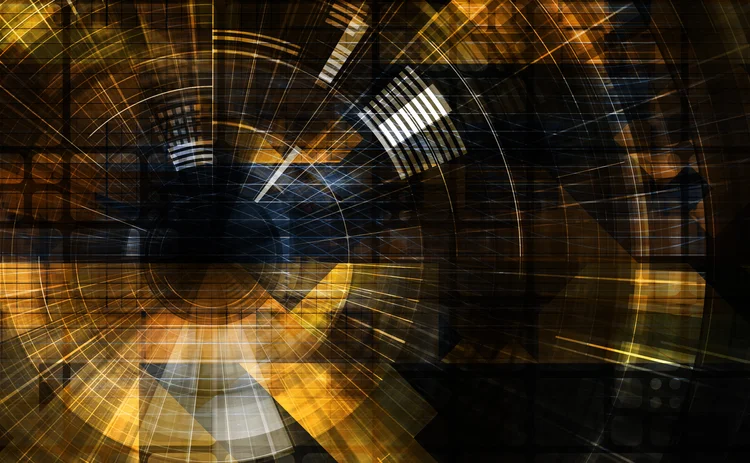 Abstract technology interface with data visualization elements, glowing gold network patterns, digital transformation and cybersecurity concept