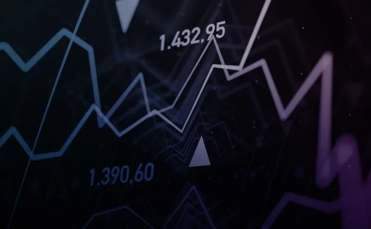 A financial graph in blue and purple