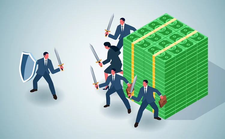 Men protecting pile of dollars