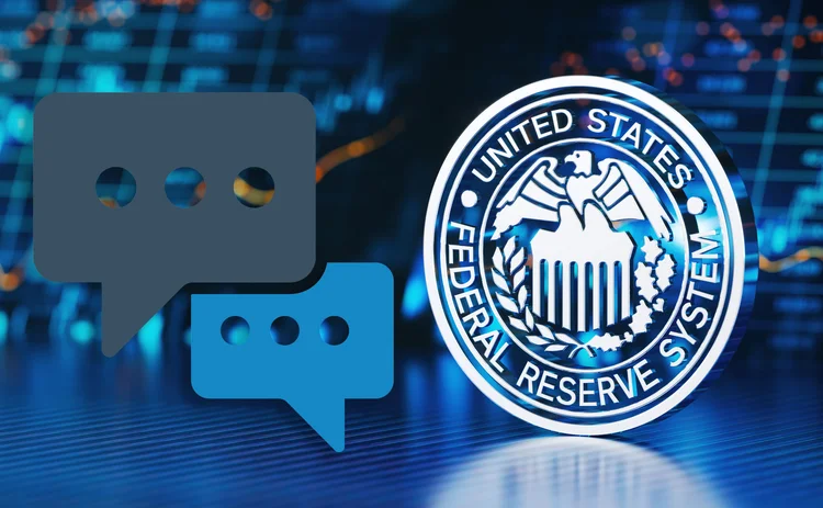 Fed icon with a financial chart background, and some speech bubbles