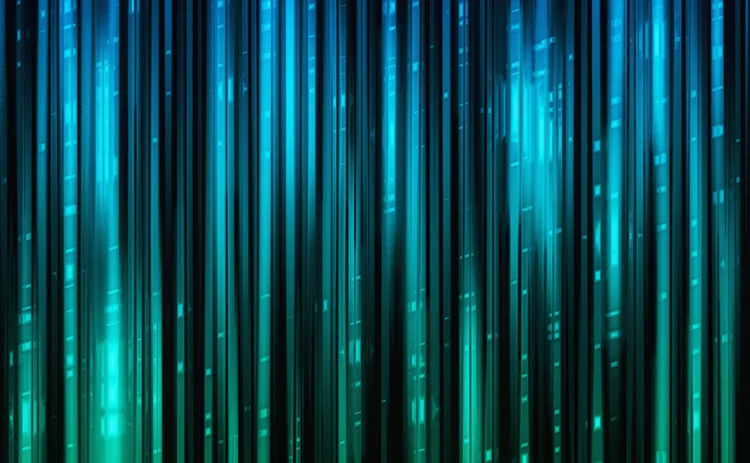 Vertical blue and green digital data streaming lines resembling a curtain