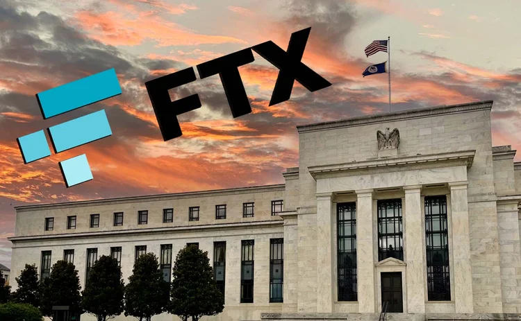The Fed building with an FTX logo in the sky