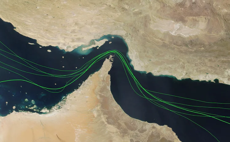 Map of Strait of Hormuz with lines showing shipping traffic lanes