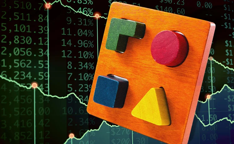 A child’s shape-fitting toy, with all the shapes fitting into their related holes, is superimposed over a data background