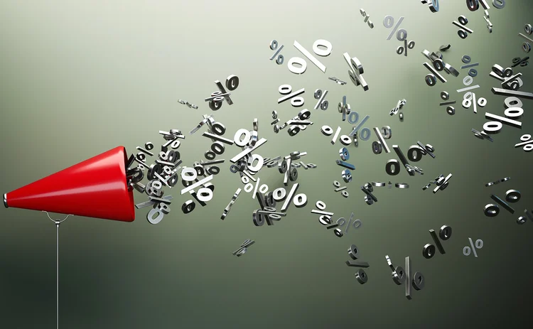 Silver percentage symbols issue chaotically from a red megaphone