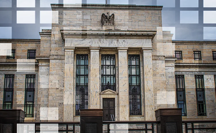 US Federal Reserve building overlaid with translucent wall and windows