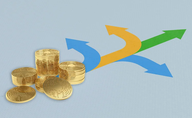 Some digital coins are seen at the start of some diverging direction arrows