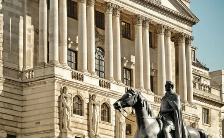Close up of Bank Of England facade with the statue of Duke of Wellington Statue created by Francis Chantrey City of London England