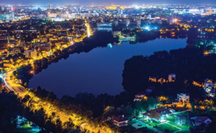 Aerial shot of Bucharest at night