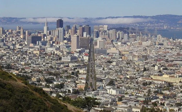 View of market street in San Francisco and city skyline