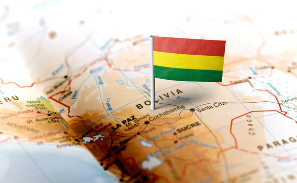 A map of Bolivia, with a small Bolivian flag.