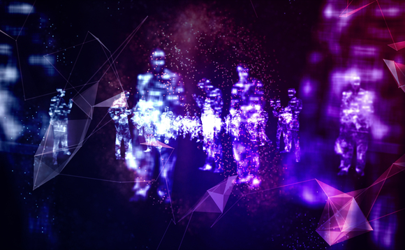 Blue and purple abstract with shadowy human figures