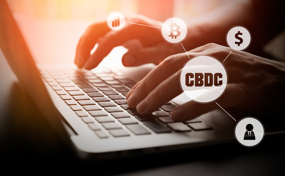 Hands typing on a laptop with digital money symbols