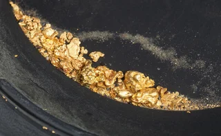 A large quantity of gold nuggets and flakes rest in the bottom of a pan covered with water
