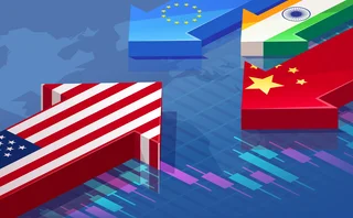 Illustration of upward-pointing arrows representing the US, EU, India and China with national flags, symbolizing global economic growth and trade competition