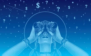 Illustration of woman looking through binoculars at sky full of dollar symbols and question marks