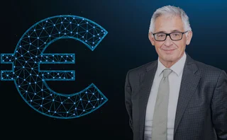 Piero Cipollone with a digital euro symbol