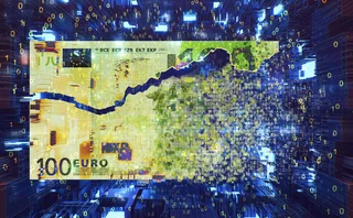 Euro note being disintegrated by binary code