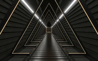 Futuristic geometric corridor with illuminated triangular light frames and dark metallic walls, symbolizing innovation, technology, and digital transformation