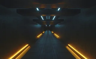 Futuristic sci-fi corridor with glowing blue and yellow neon lights along the ceiling and walls, creating a cyberpunk tunnel effect