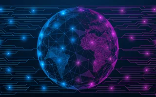 Two outlines of faces with lines connecting them to a stylised Earth