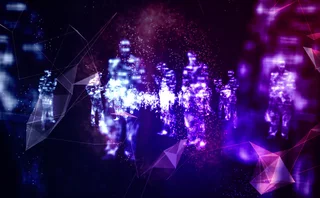 Blue and purple abstract with shadowy human figures