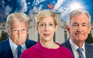 Donald Trump, Anna Breman and Jerome Powell in front of the US Federal Reserve