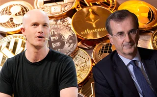 Montage of Brian Armstrong and François Villeroy de Galhau in front of cryptocurrency images