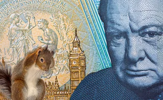 A squirrel is seen scratching its head with a backdrop of a 5 pound note