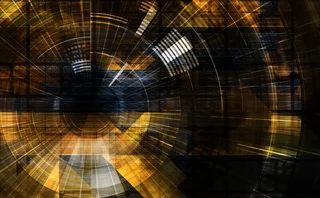 Abstract technology interface with data visualization elements, glowing gold network patterns, digital transformation and cybersecurity concept