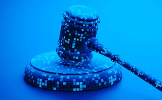 A digital 3D render of a gavel imprinted with hexadecimal code