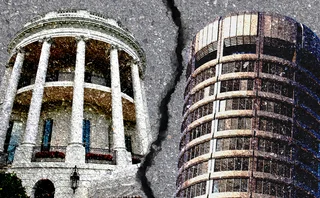 Stylised images of the White House and Basel Tower superimposed on a background of rough concrete and divided by a large crack