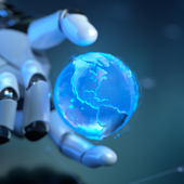 A robotic hand holding a small holographic globe