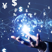 A businessperson’s hand hovers underneath a digital rendering of the earth, superimposed by international currency symbols connected by lines to show payment systems