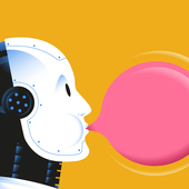 Illustration of a robot blowing bubble gum