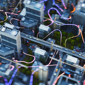 An aerial view of city buildings with bright curved lines connecting them