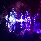 Blue and purple abstract with shadowy human figures