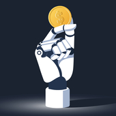 AI hand holding digital dollar token