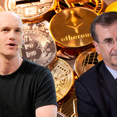 Montage of Brian Armstrong and François Villeroy de Galhau in front of cryptocurrency images