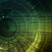 Abstract digital interface with concentric data rings and grid patterns, visualizing artificial intelligence systems, big data analytics, and advanced computational processing