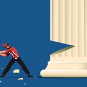 A man chopping at a pillar with an axe