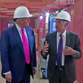 Trump and Powell in hard hats